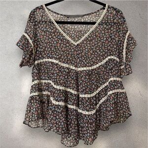 Zara Basic Sheer Floral & Lace Trim Blouse Size Large